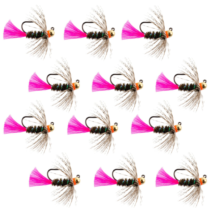 Set of 12 tungsten bead Czech nymphing trout wet flies, size 14, designed for fly fishing with a tactical blowtorch style.
