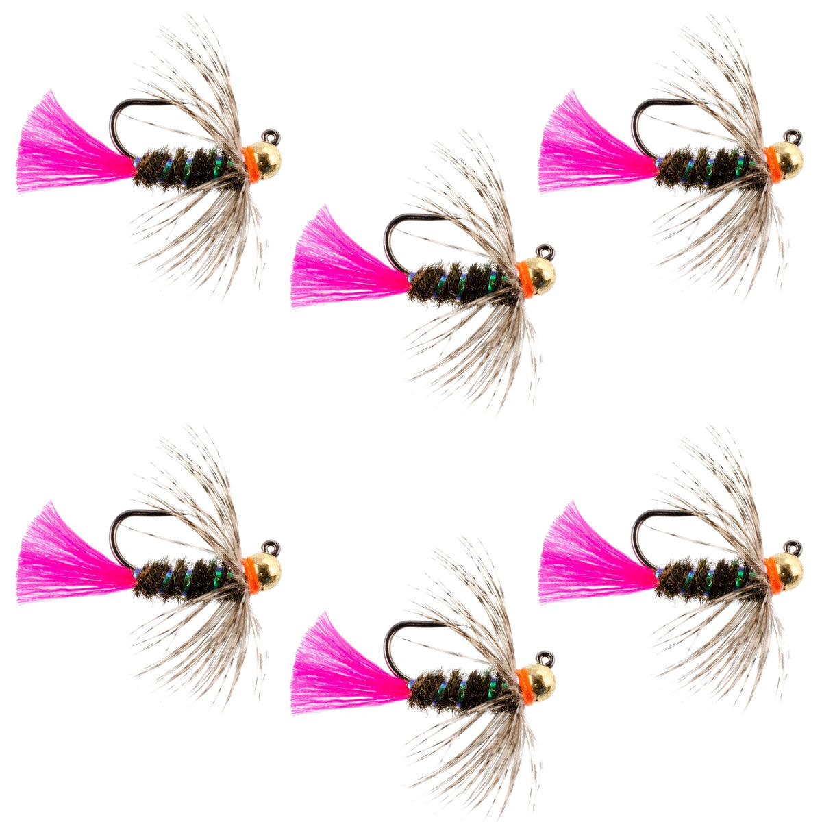 Set of six tungsten bead jigs tactical blow torch Czech nymphing trout wet flies size 10 for fly fishing.