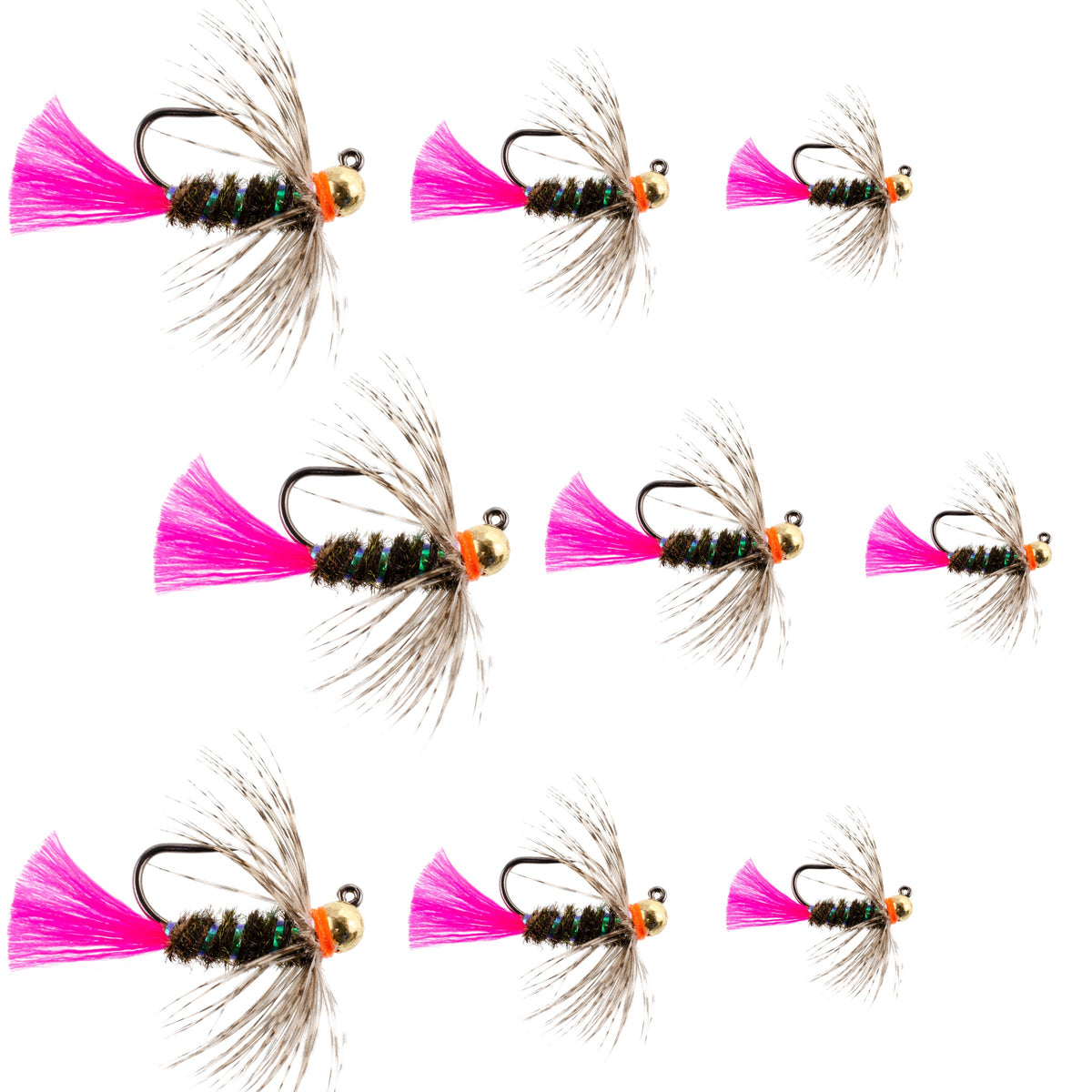 Assorted tungsten bead blow torch nymph flies for trout fishing, includes 9 wet flies in sizes 10, 12, and 14, by The Fly Fishing Place.