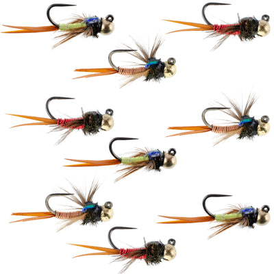 Set of 9 Copper John euro nymph trout wet flies in 3 colors with size 16 hooks for fly fishing, by The Fly Fishing Place.