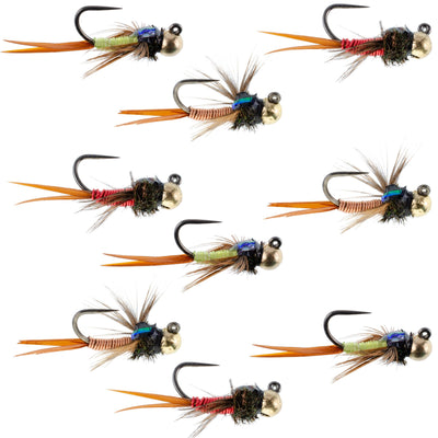 Set of 9 Copper John Euro nymph wet flies in 3 colors with size 12 hooks for trout fly fishing.