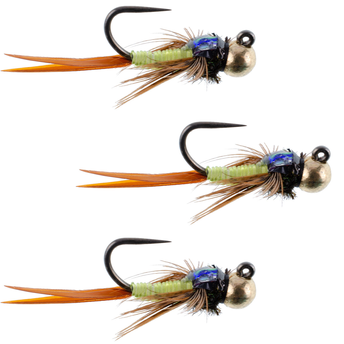 Three tungsten bead Copper John chartreuse Czech nymph flies for trout fishing, size 12, by The Fly Fishing Place.
