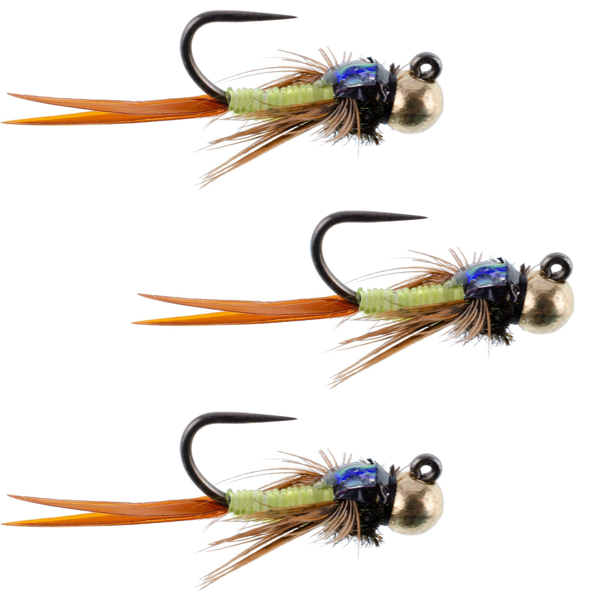 Set of three Copper John Chartreuse tungsten bead tactical nymph flies for trout fishing, size 16, by The Fly Fishing Place.