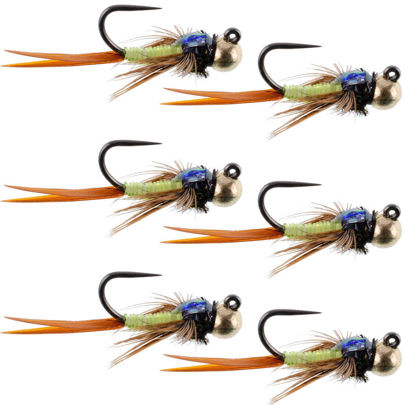 Set of six Copper John tungsten bead trout wet flies in chartreuse, size 14, for Czech and euro nymphing fishing.
