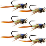 Six Copper John chartreuse tungsten bead tactical trout wet flies for euro nymphing, size 16, by The Fly Fishing Place.