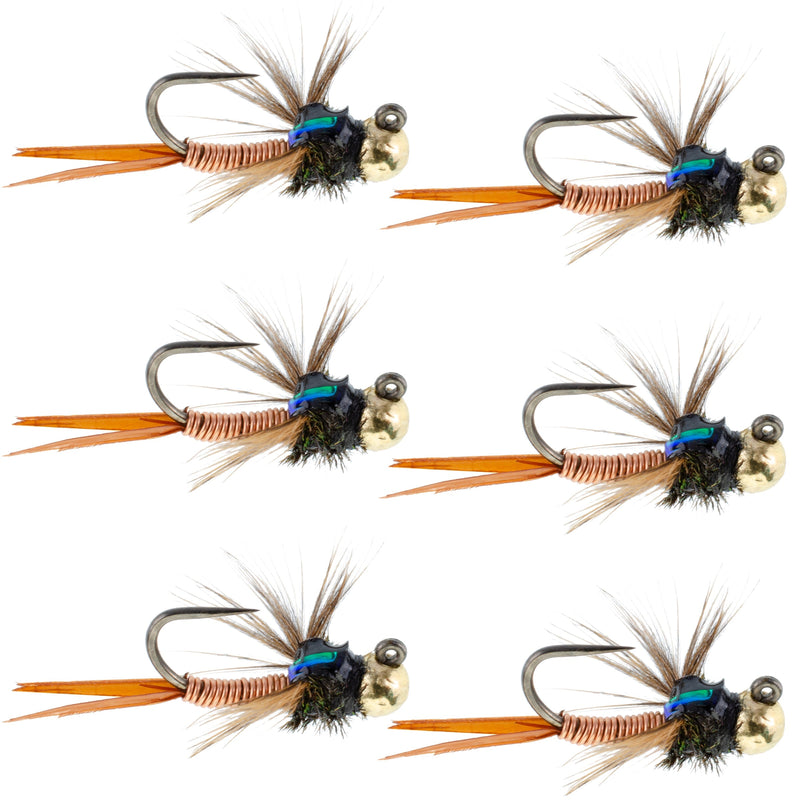 Set of 6 Copper John tungsten bead tactical trout wet flies for fly fishing, size 14, from The Fly Fishing Place.