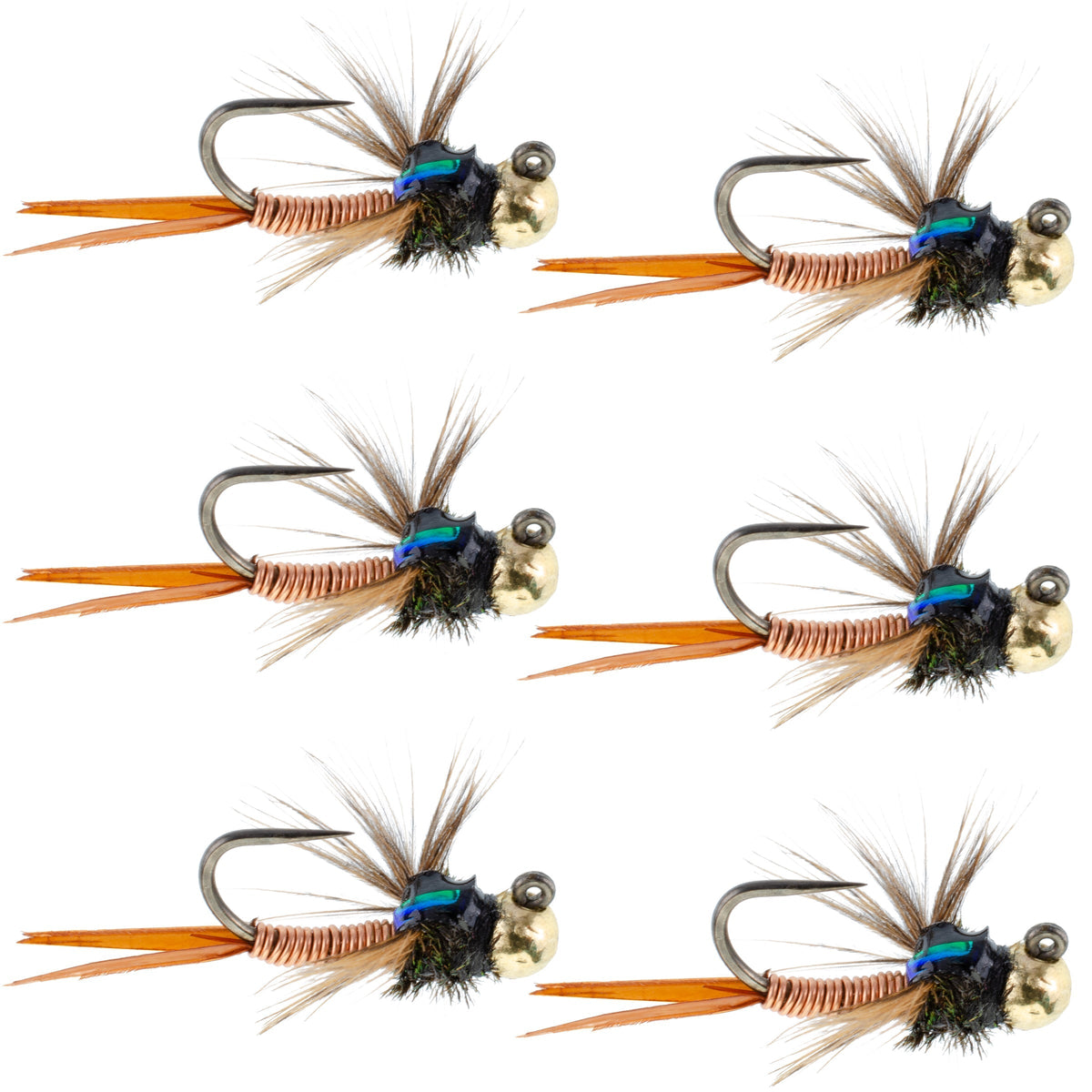 Set of 6 Copper John tungsten bead tactical trout wet flies for euro nymphing, size 16, by The Fly Fishing Place.