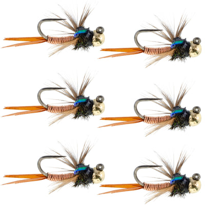 Set of 6 Copper John tungsten bead tactical trout wet flies for euro nymphing, size 16, by The Fly Fishing Place.