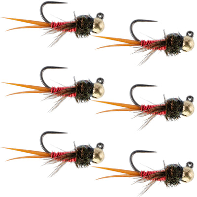 Set of 6 Copper John Red Czech Nymph tungsten bead trout wet flies for euro nymphing, size 14, by The Fly Fishing Place.