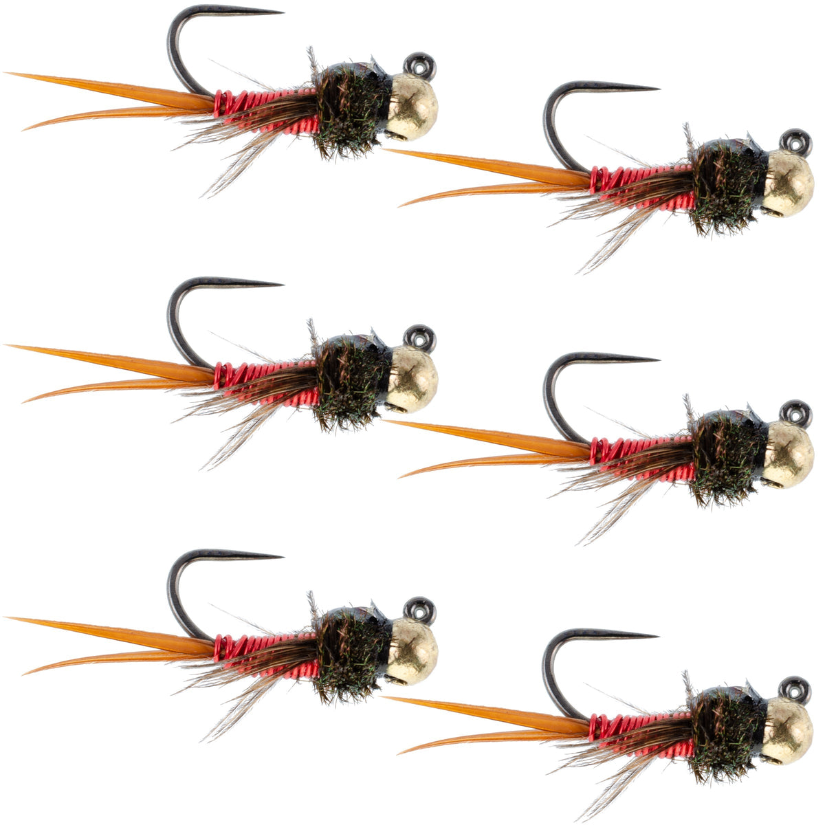 Set of 6 Copper John Red Czech Nymph Tungsten Bead Trout Wet Flies for fly fishing, size 12, by The Fly Fishing Place