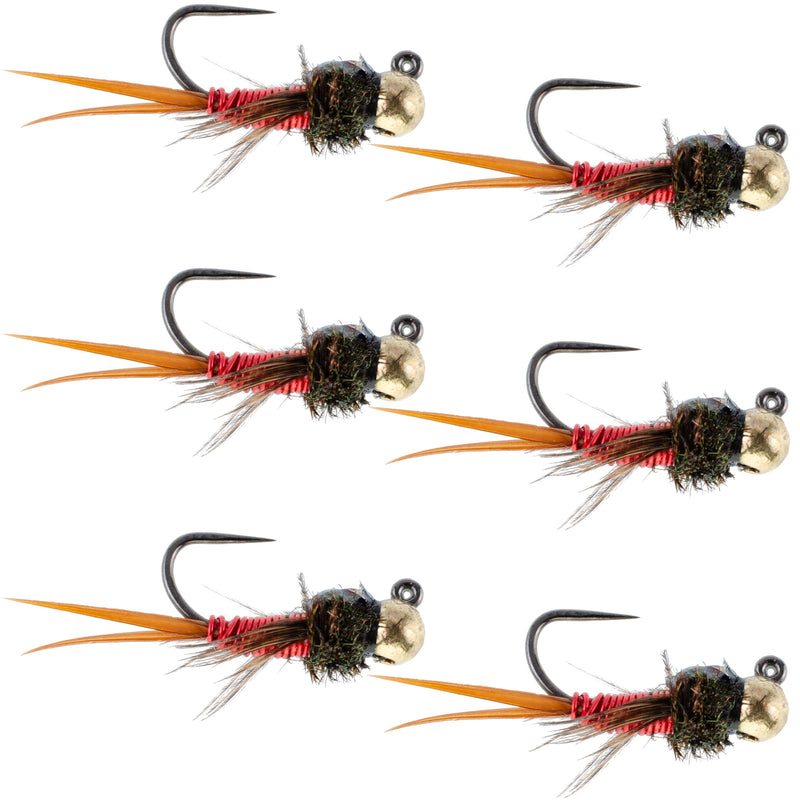 Set of 6 Copper John Red Czech Nymph Tungsten Bead Trout Wet Flies for fly fishing, size 12, by The Fly Fishing Place