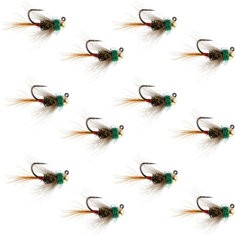 Set of 12 tungsten bead tactical CDC Frenchie trout wet flies for fly fishing, size 12, by The Fly Fishing Place.