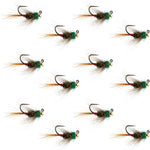 Set of 12 Tungsten Bead Tactical CDC Frenchie Nymph Euro Flies for trout fishing, size 14, with realistic fly design.