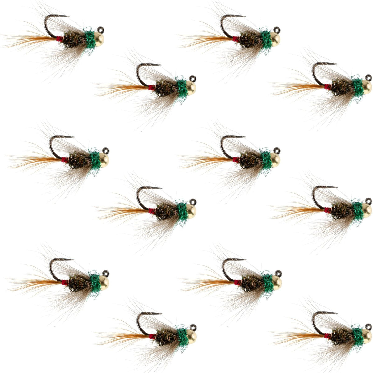 Set of 12 Tungsten Bead Tactical CDC Frenchie Nymph Euro Flies for trout fishing, size 14, with realistic fly design.