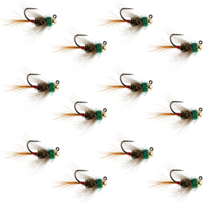 Set of 12 Tungsten Bead Tactical CDC Frenchie Nymph Euro Flies for trout fishing, size 14, with realistic fly design.