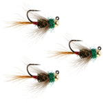 Set of three tungsten tactical French nymph flies in size 12 for trout fishing, featuring CDC materials from The Fly Fishing Place.