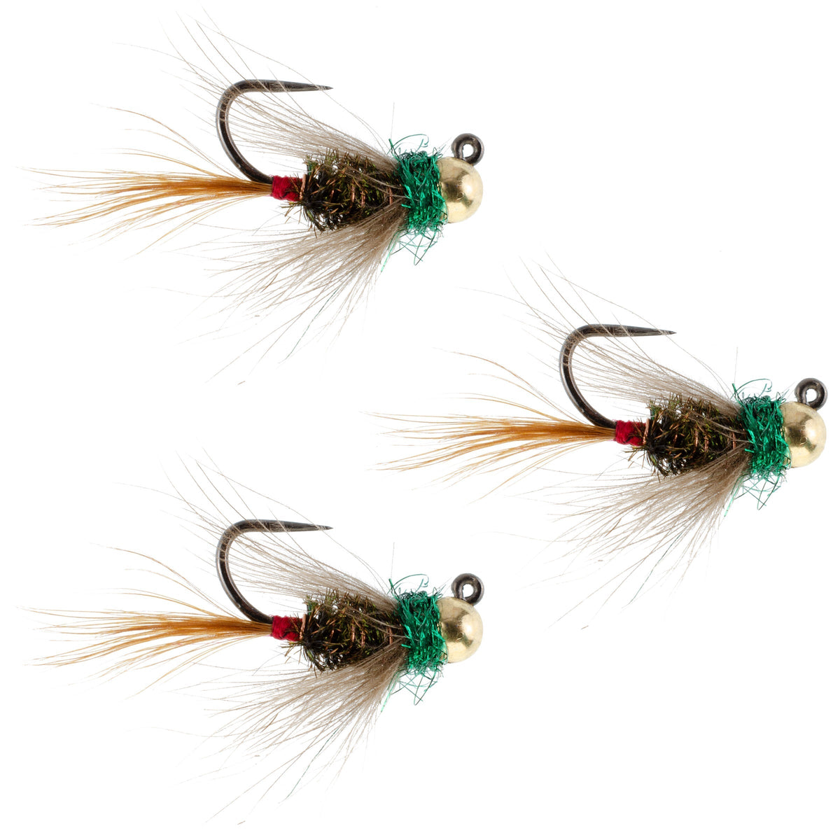 Set of three tungsten tactical French nymph flies in size 12 for trout fishing, featuring CDC materials from The Fly Fishing Place.