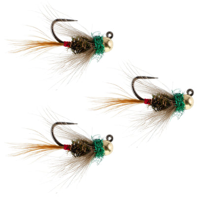 Set of three tungsten tactical French nymph flies in size 12 for trout fishing, featuring CDC materials from The Fly Fishing Place.