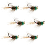 Set of 6 tungsten bead tactical CDC Frenchie Czech nymph trout wet flies in size 12 for fly fishing.