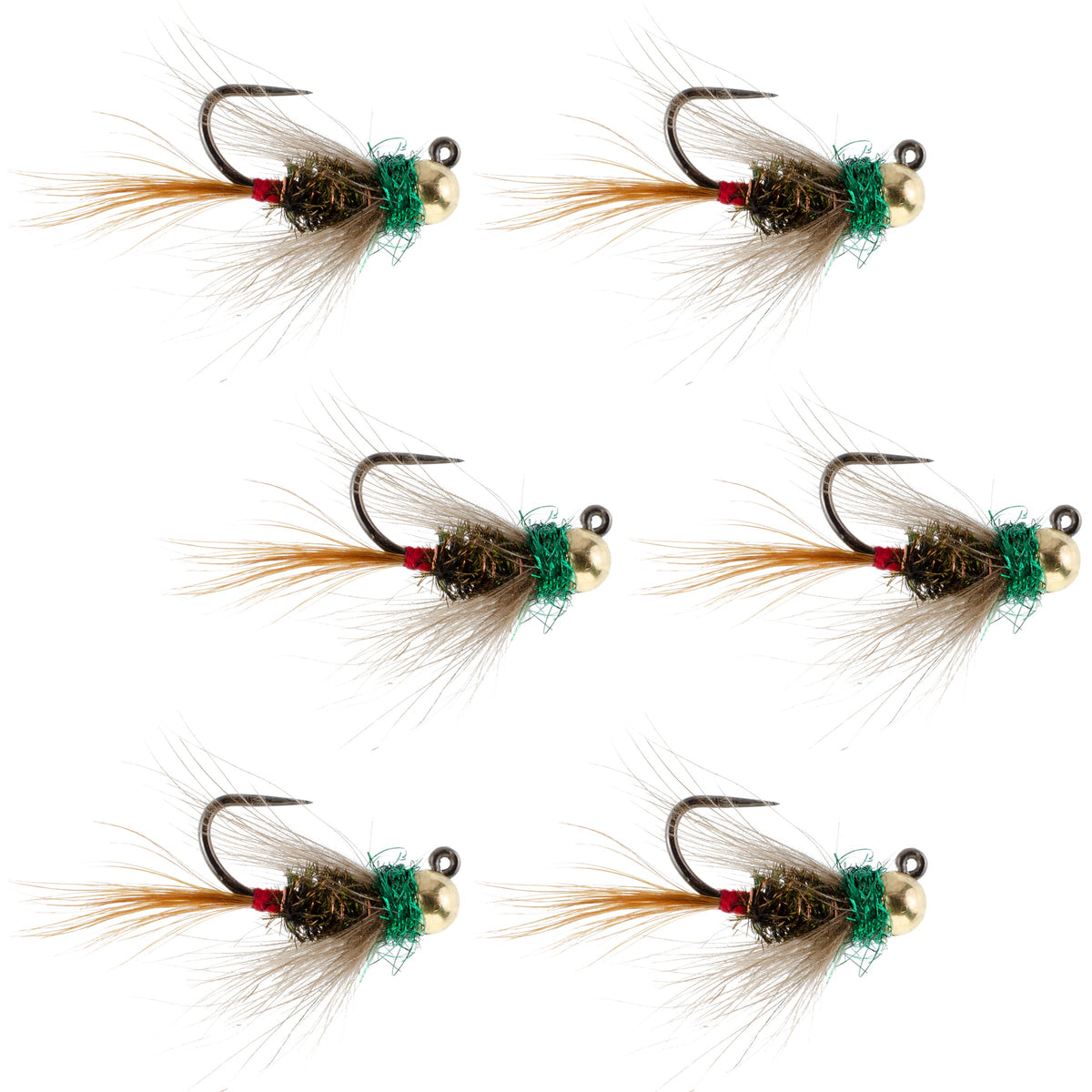 Set of 6 tungsten bead tactical CDC Frenchie Czech nymph trout wet flies in size 12 for fly fishing.