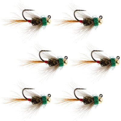 Set of 6 tungsten bead tactical CDC Frenchie Czech nymph trout wet flies in size 12 for fly fishing.