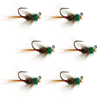 Set of 6 tungsten bead French nymph wet flies for trout fishing, size 14, by The Fly Fishing Place.
