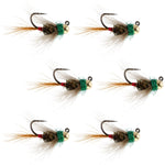 Set of six tungsten bead tactical CDC Frenchie Czech nymph euro jig trout wet flies in size 16 for fly fishing.