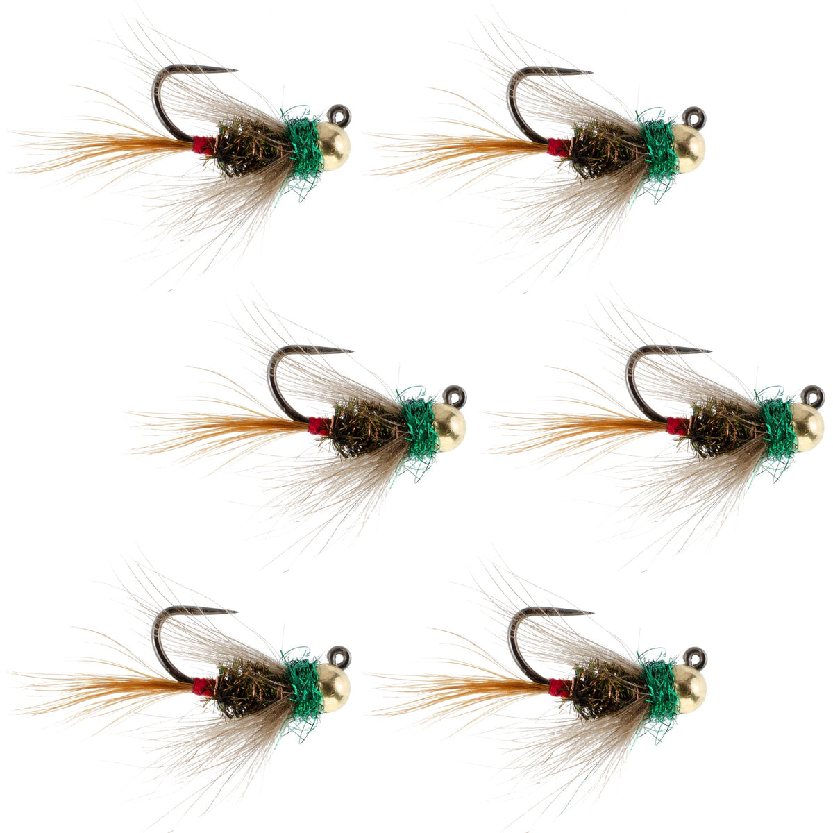 Set of six tungsten bead tactical CDC Frenchie Czech nymph euro jig trout wet flies in size 16 for fly fishing.