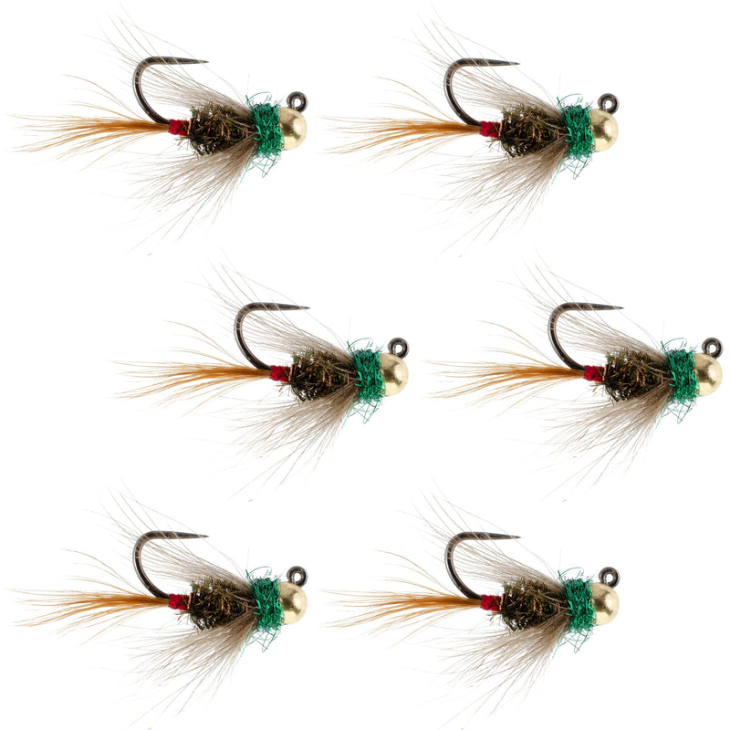 Set of six tungsten bead tactical CDC Frenchie Czech nymph euro jig trout wet flies in size 16 for fly fishing.