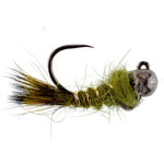 Three black tungsten bead tactical olive hare’s ear trout wet flies with size 16 hooks for fly fishing, designed for euro nymphing.