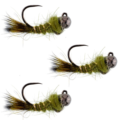 Set of three black tungsten bead olive hare's ear Czech nymph flies for trout wet fly fishing, hook size 16.
