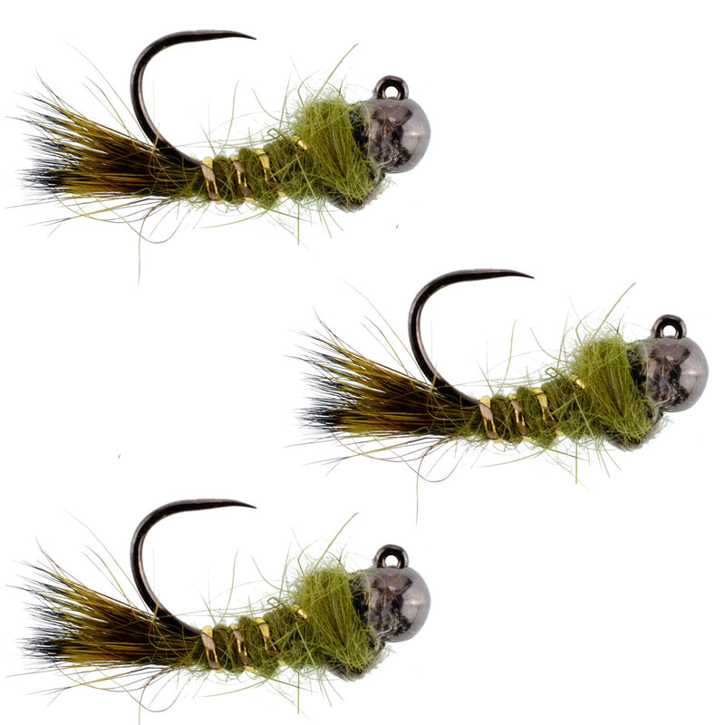 Set of three black tungsten bead olive hare's ear Czech nymph flies for trout wet fly fishing, hook size 16.
