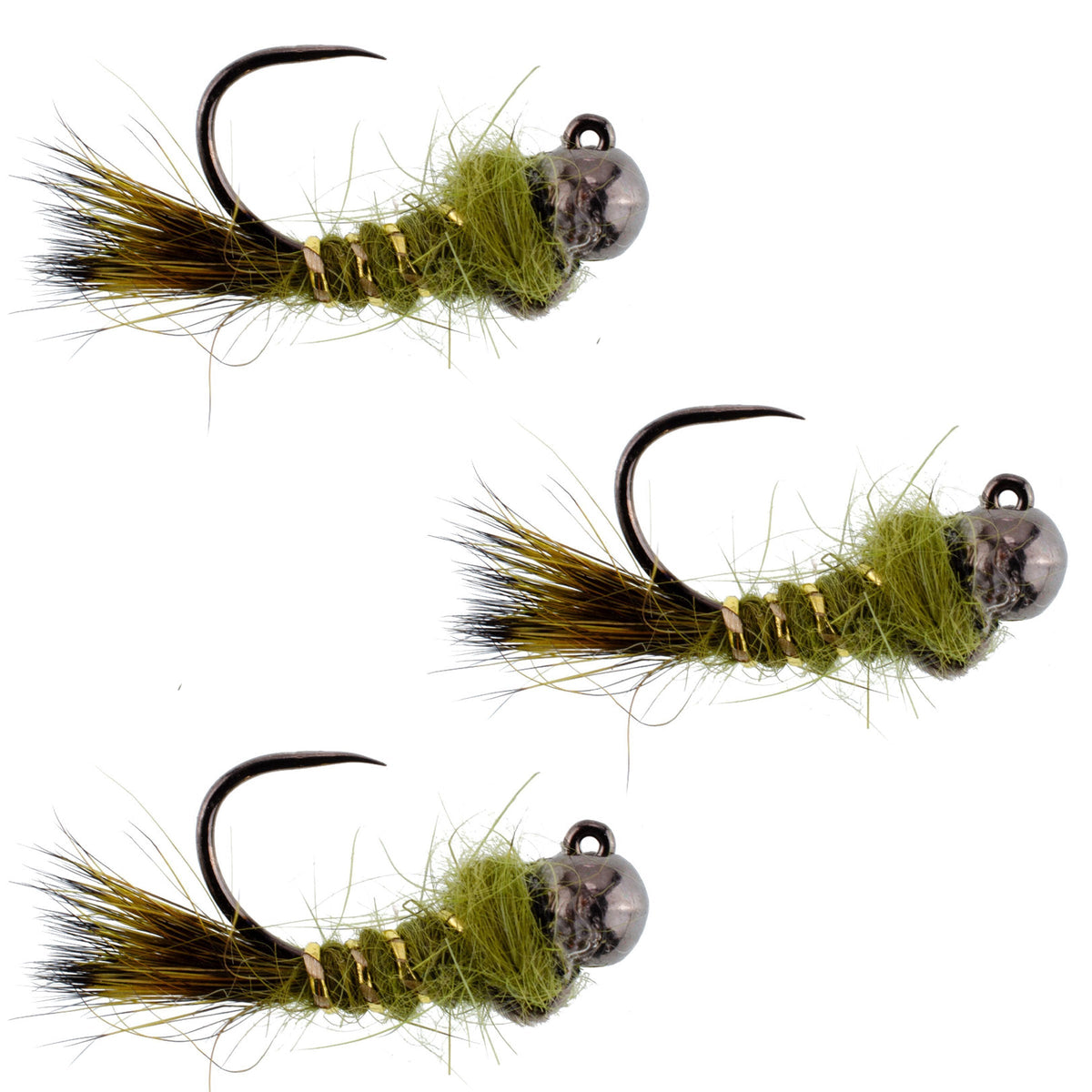 Set of 3 black tungsten bead tactical olive hare's ear Czech nymph hooks size 14, ideal for trout wet fly fishing.