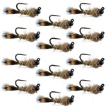 Set of 12 black tungsten bead tactical Hare's Ear Czech nymph Euro nymphing trout wet flies, size 12, for fly fishing.