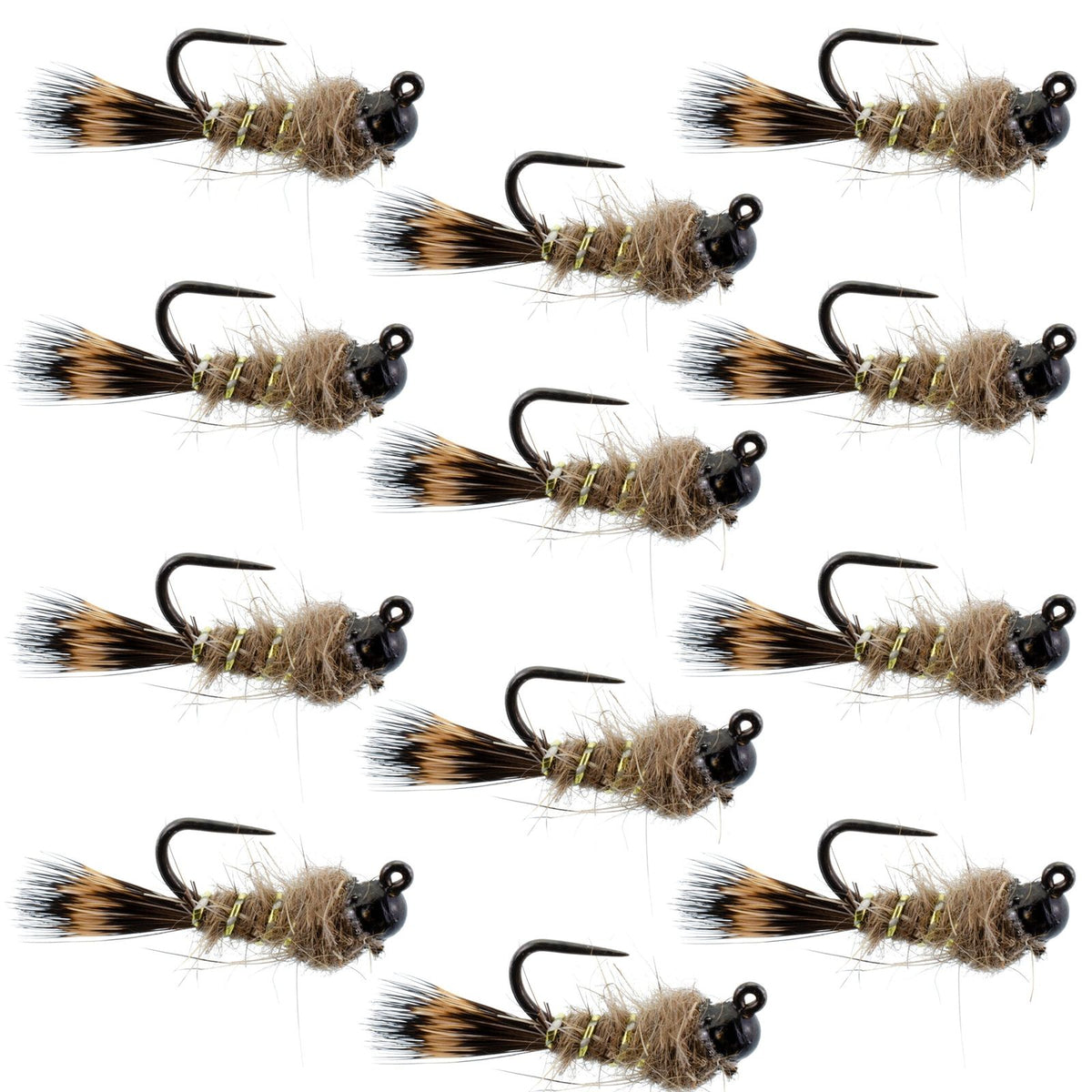 Set of 12 black tungsten bead tactical Hare's Ear Czech nymph Euro nymphing trout wet flies, size 12, for fly fishing.