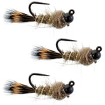 Set of 3 black tungsten bead tactical hares ear Czech nymph trout wet flies with hooks size 16 for fly fishing.