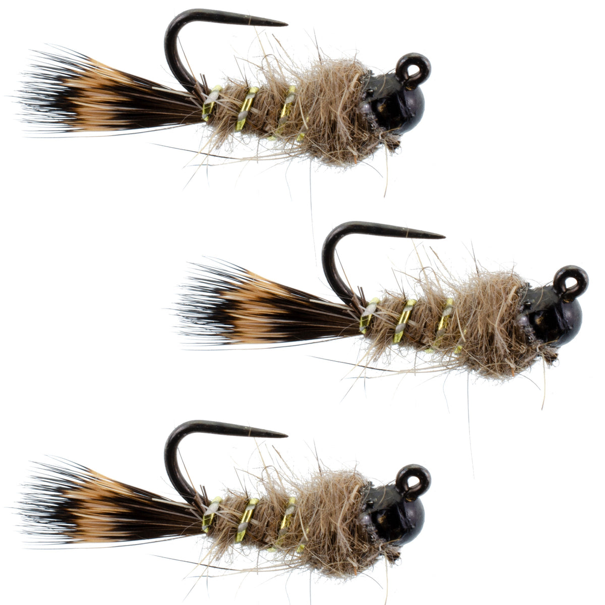 Set of 3 black tungsten bead tactical hare's ear Czech nymph flies for trout wet fishing, size 14.