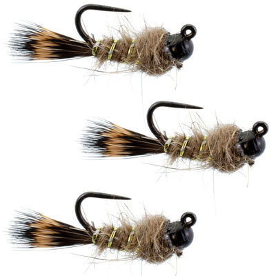 Set of three black tungsten bead tactical hare's ear Czech nymph wet flies for trout fishing, hook size 18.