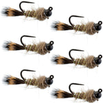 Set of six black tungsten bead hare's ear Czech nymph wet flies for trout fishing, size 16, by The Fly Fishing Place.