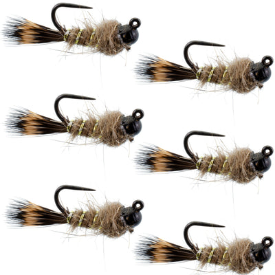 Set of 6 black tungsten bead tactical hares ear Czech nymph flies for trout fishing, size 12, by The Fly Fishing Place.