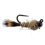 Three black tungsten bead tactical hare's ear Czech nymph trout wet flies with size 14 hooks for fly fishing.