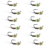 Set of 12 tungsten hot spot pheasant tail tactical jig euro flies for trout fishing, size 14, by The Fly Fishing Place.