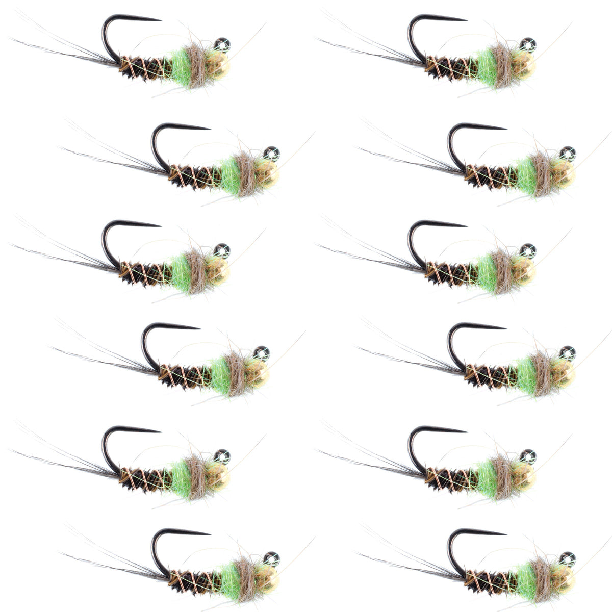 Set of 12 tungsten hot spot pheasant tail tactical jig euro flies for trout fishing, size 14, by The Fly Fishing Place.