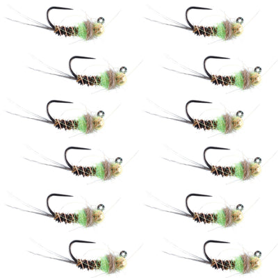 Set of 12 tungsten hot spot pheasant tail tactical jig euro flies for trout fishing, size 14, by The Fly Fishing Place.