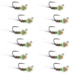 Set of 12 Tungsten Hot Spot Pheasant Tail Euro Fly fishing wet trout flies, size 18, featuring chartreuse hot spot for effective fishing.
