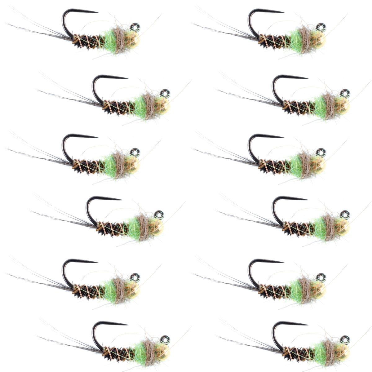 Set of 12 Tungsten Hot Spot Pheasant Tail Euro Fly fishing wet trout flies, size 18, featuring chartreuse hot spot for effective fishing.