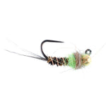 Tungsten Hot Spot Pheasant Tail Tactical Jig Euro Fly, size 14, trout wet fly with chartreuse hot spot and pheasant tail for fly fishing.