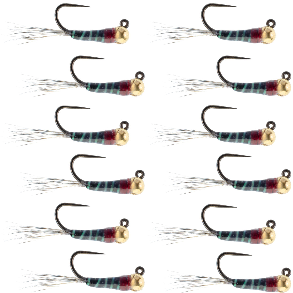 Set of 12 tungsten black Perdigon tactical nymph wet flies for trout fishing, size 14, by The Fly Fishing Place.