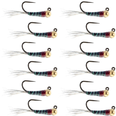 Set of 12 tungsten black Perdigon tactical nymph wet flies for trout fishing, size 14, by The Fly Fishing Place.