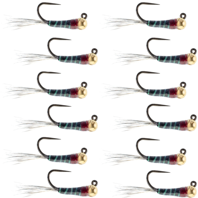 Set of 12 tungsten black Perdigon tactical nymph wet flies for trout fishing, size 14, by The Fly Fishing Place.